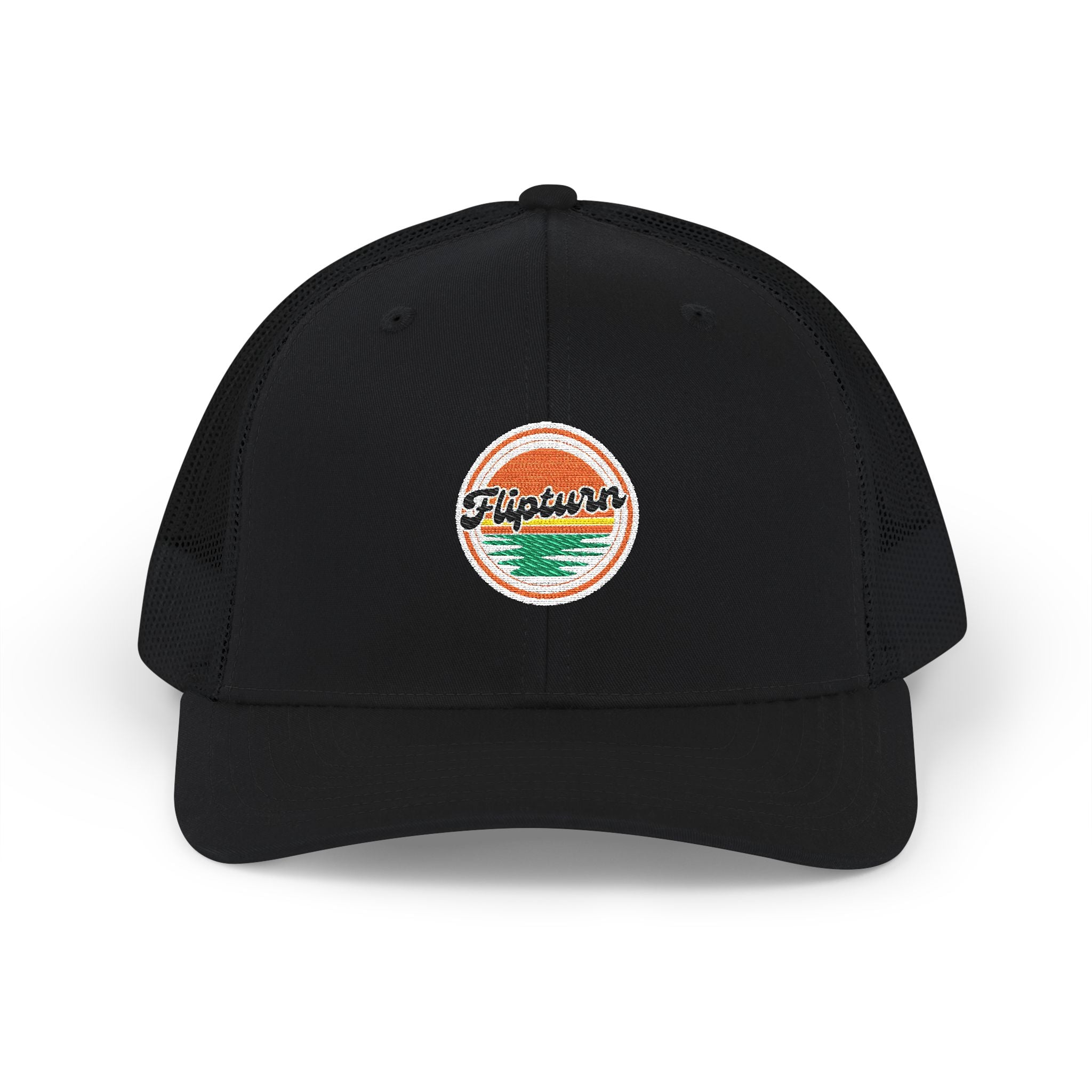 Embroidered Trucker Cap — Retro Sunset 'Flipturn' Patch Snapback