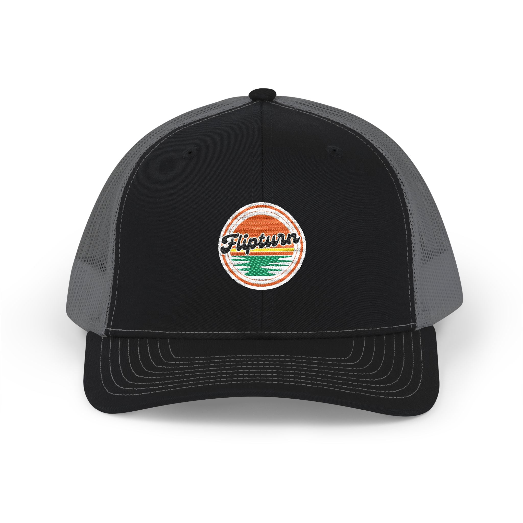 Embroidered Trucker Cap — Retro Sunset 'Flipturn' Patch Snapback