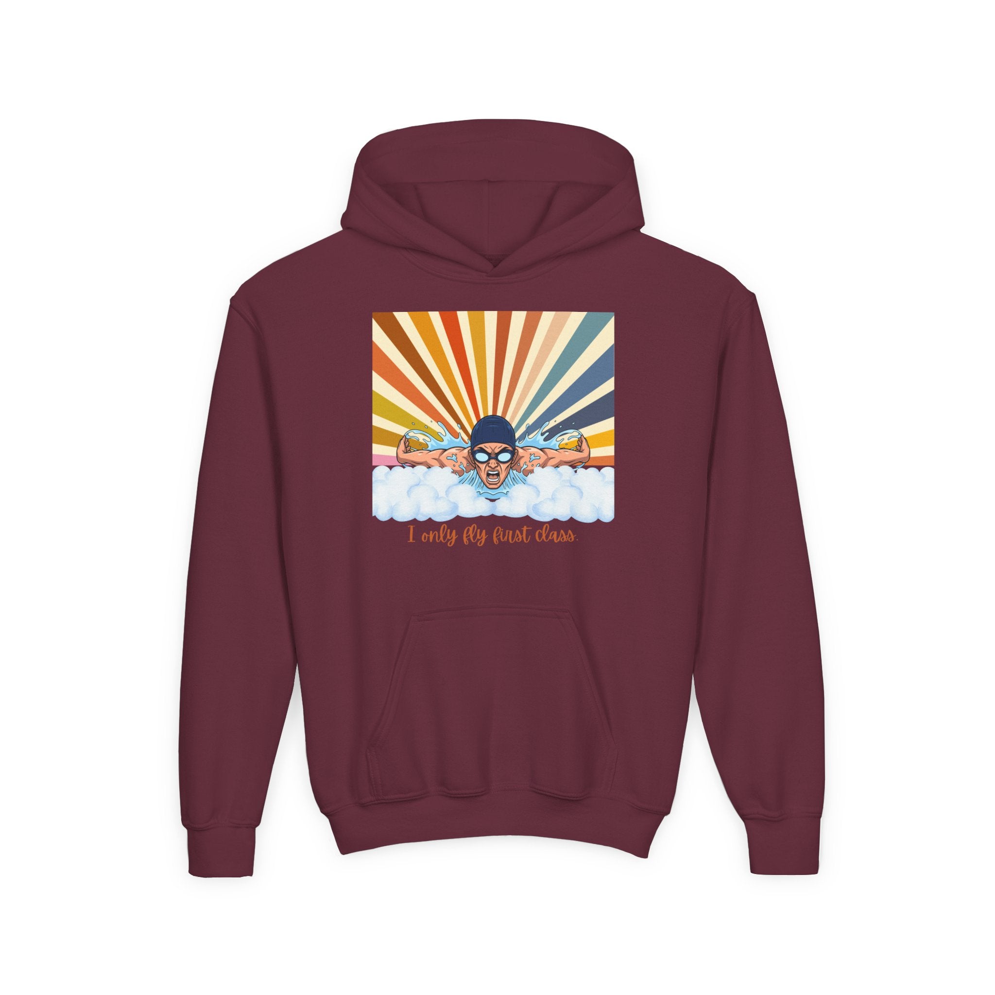 Kid's Hoodie - "I Only Fly First Class" Retro Swimming Graphic Hoodie