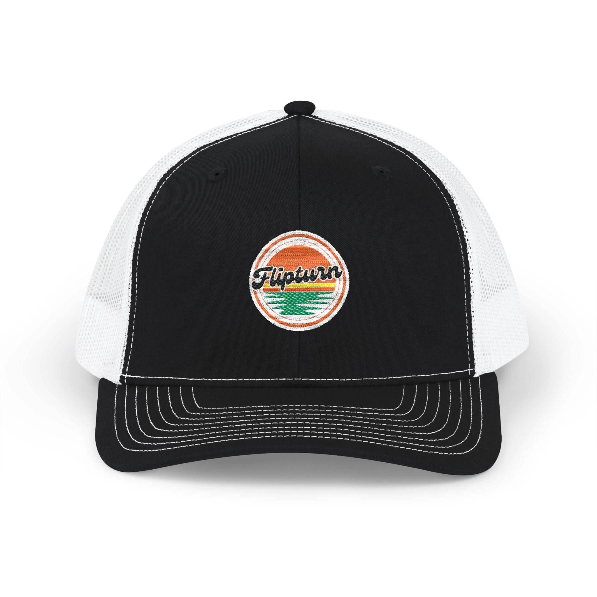 Embroidered Trucker Cap — Retro Sunset 'Flipturn' Patch Snapback