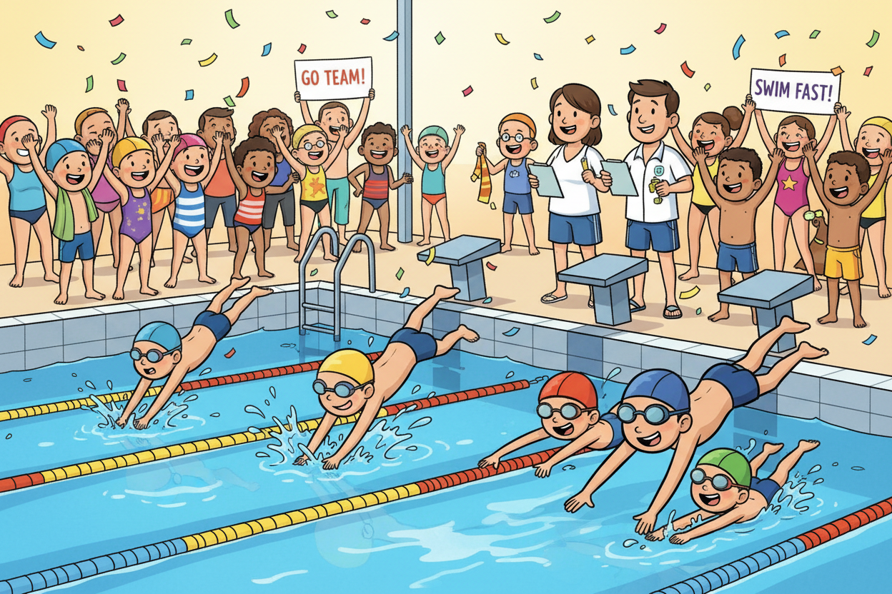 cartoon image of kids at a swim meet